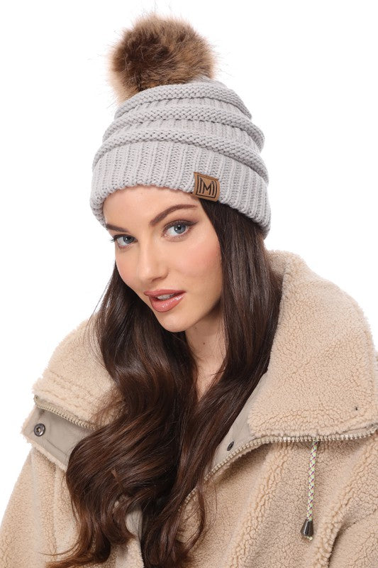 Winter Knitted Beanie Hat with Faux Fur Pom Pom