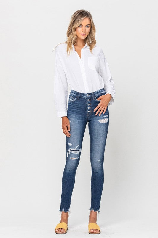 HELEN PATCHED BUTTON UP RAW HEM ANKLE SKINNY