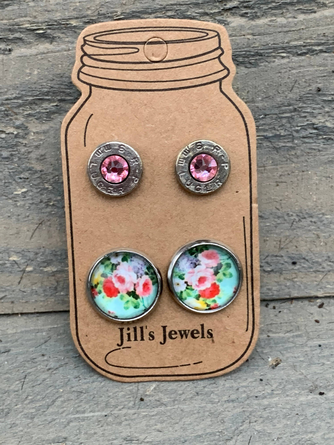 Pink and Mint Floral 9mm Bullet Earring Set