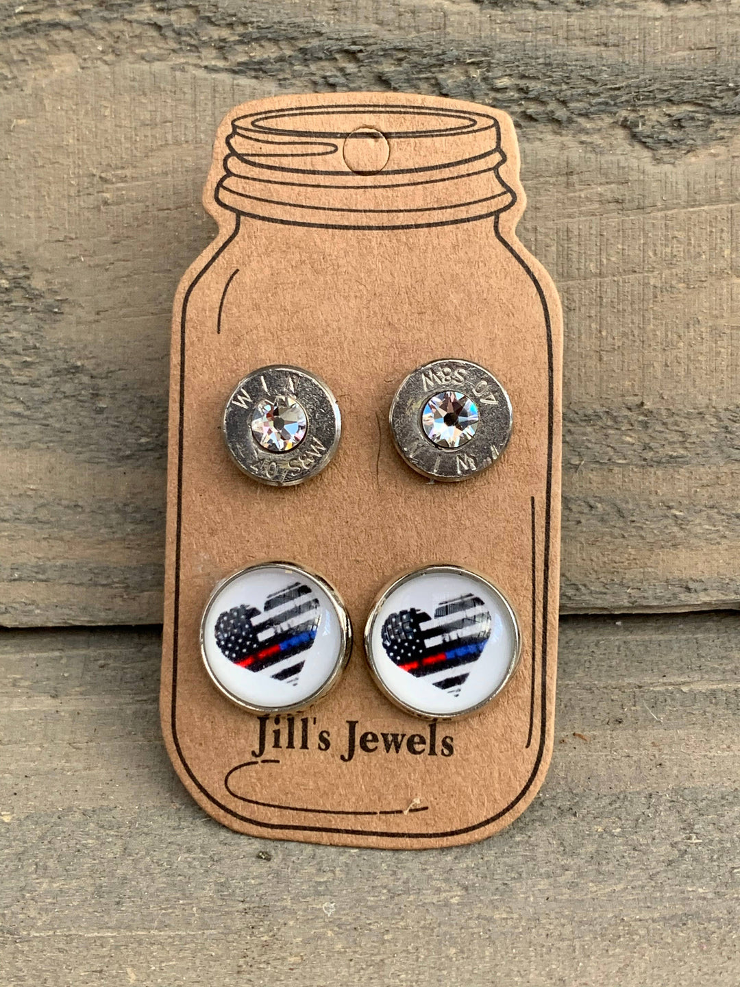Bullet Earrings Set with Thin Red and Blue Line Heart