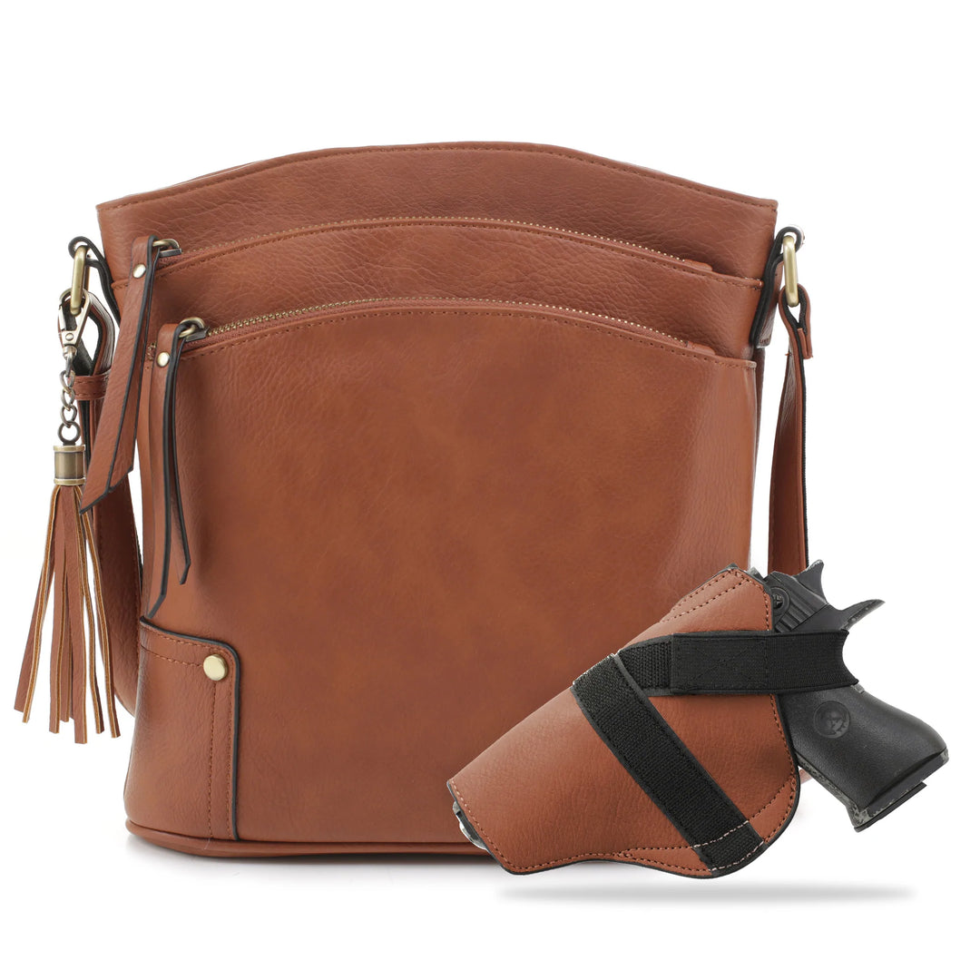 Robin Concealed Carry Crossbody by Jessie James at LovaMe Boutique in brown.